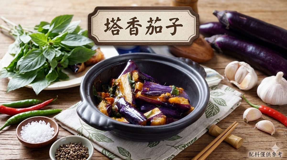 中平素食之家塔香茄子，九層塔香氣濃郁微辣下飯